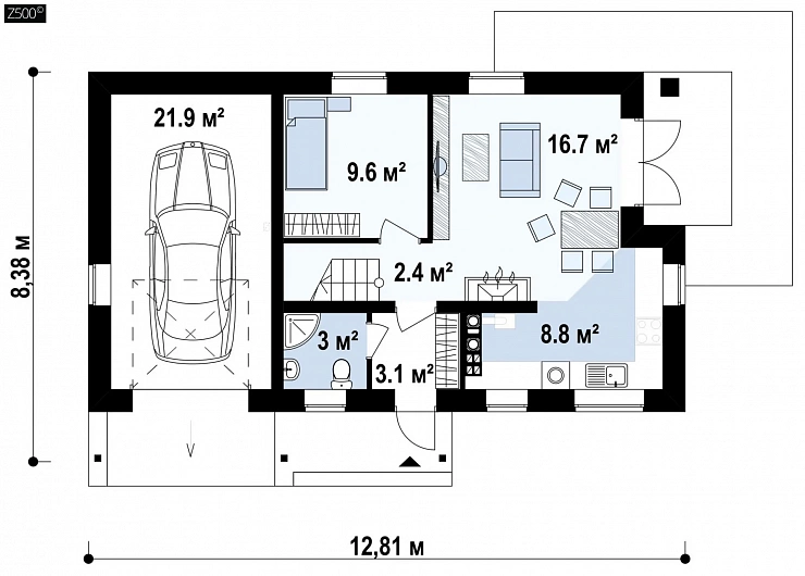 Версия проекта дома Z71 с гаражом, пристроенным слева.