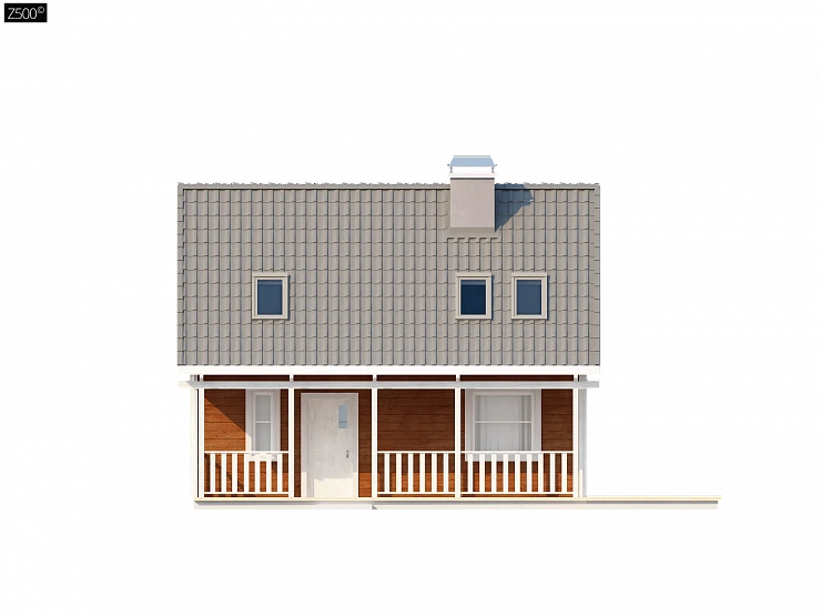 Маленький, уютный дом с мансардой, двускатной крышей и c фронтальной террасой.