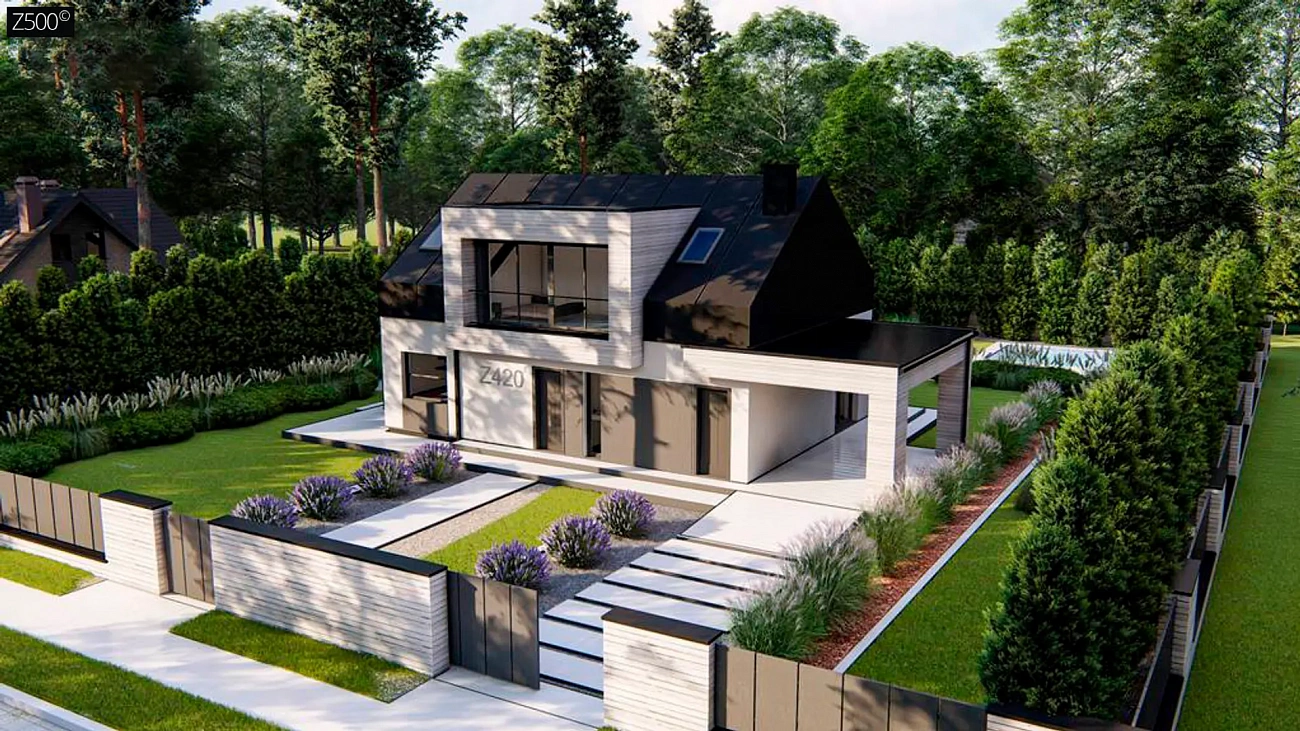 Современный дом с двускатной крышей, мансардными окнами и навесом для гаража