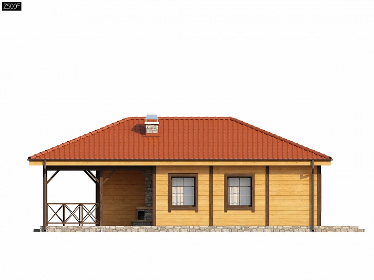 Аккуратный одноэтажный дом с деревянной облицовкой фасадов, адаптированный для каркасной технологии.