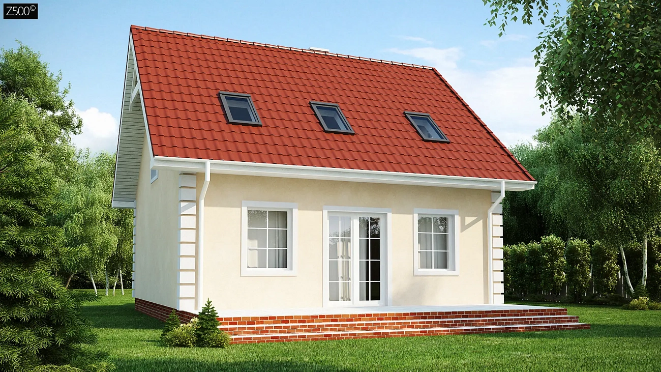 Компактный дом в традиционном стиле с двускатной крышей и красивыми мансардными окнами.
