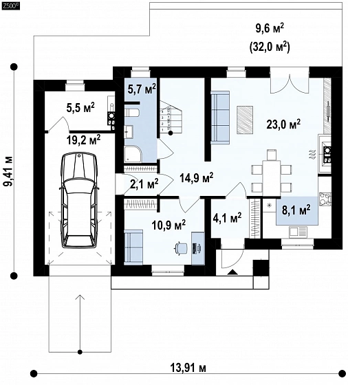 Обновленный вариант Z29 с гаражом и комнатой на первом этаже