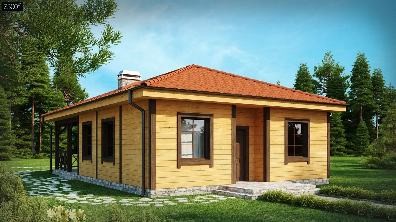 Аккуратный одноэтажный дом с деревянной облицовкой фасадов, адаптированный для каркасной технологии.
