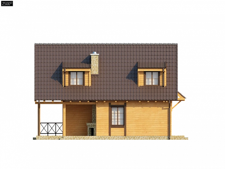 Компактный дом с мансардой, с крытой террасой и внешним камином.
