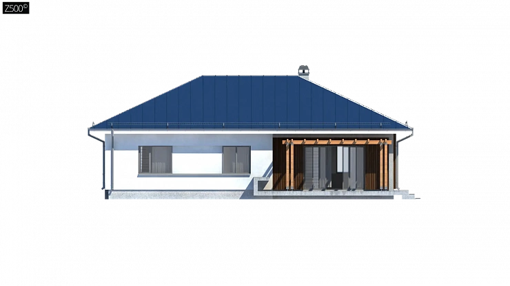 Практичный одноэтажный дом традиционной формы с многоскатной крышей.