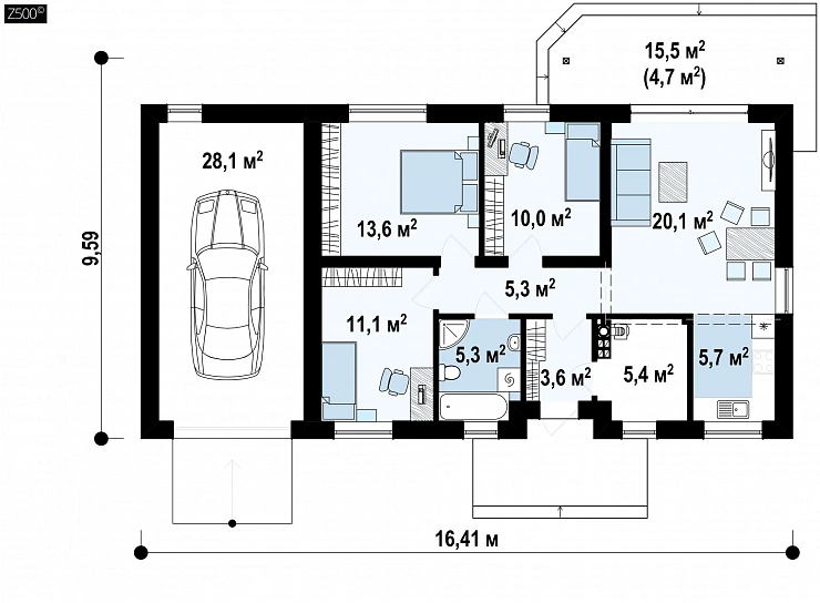 Вариант одноэтажного дома Z7L GL с измененной планировкой
