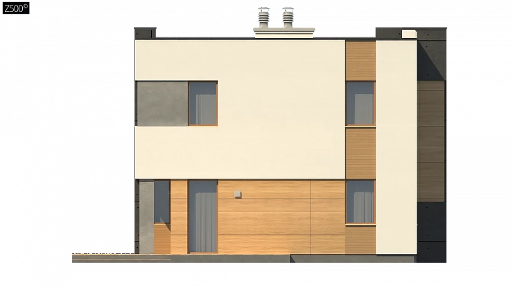 Двухэтажный дом в модернистском дизайне с гаражом и террасой на верхнем этаже.