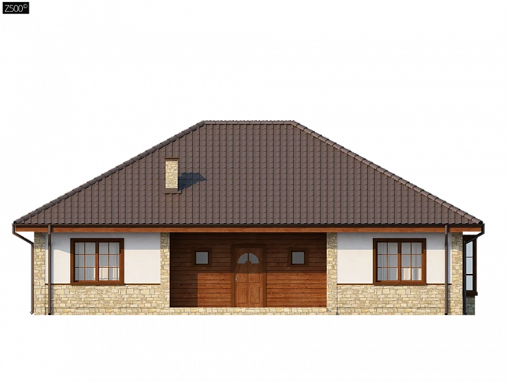 Одноэтажный дом с многоскатной кровлей, эркером и камином на террасе.