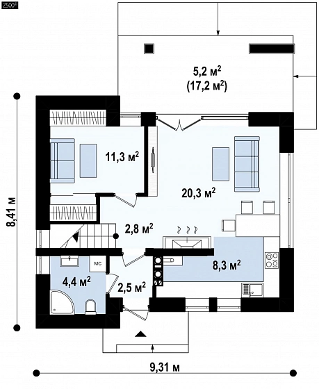 Компактный стильный дом простой формы с большой площадью остекления в дневной зоне.