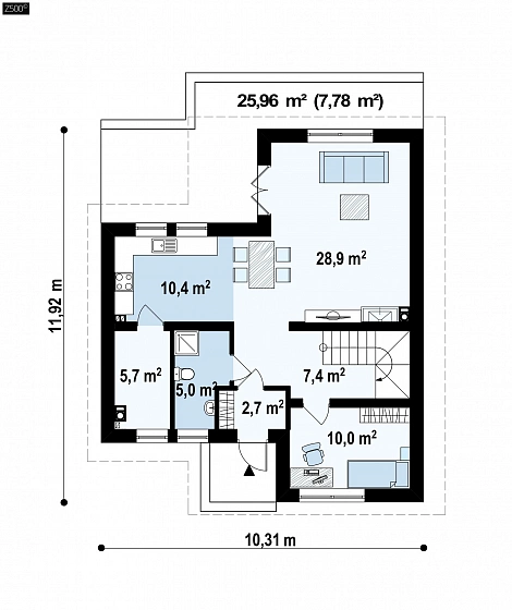 Дом для узкого участка с дополнительной спальней на первом этаже и кухней со стороны сада.