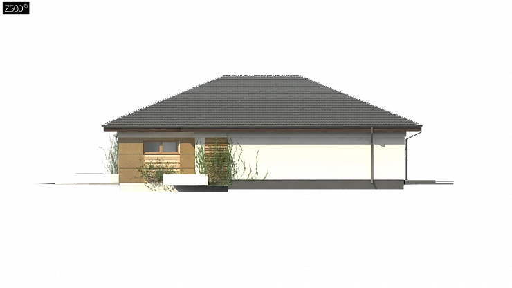 Проект одноэтажного дома с многоскатной крышей и гаражом на одну машину.