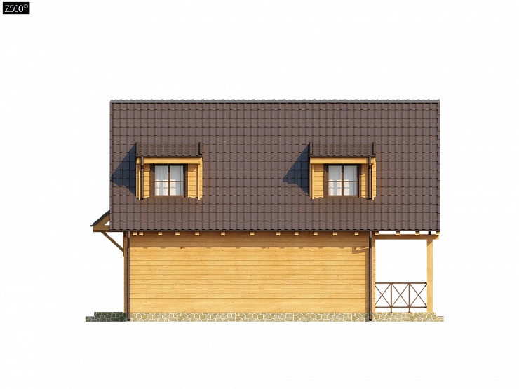 Компактный дом с мансардой, с крытой террасой и внешним камином.