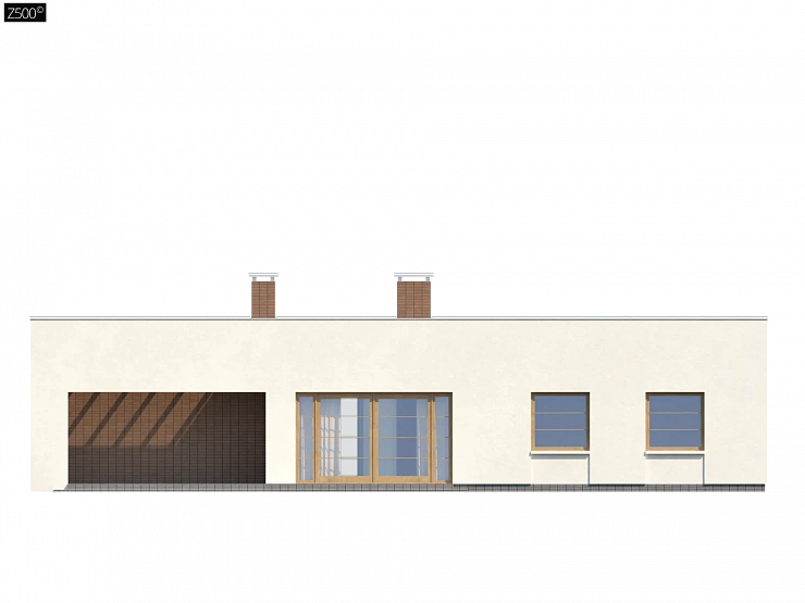 Одноэтажный дом с плоской крышей, со светлым функциональным интерьером и гаражом.