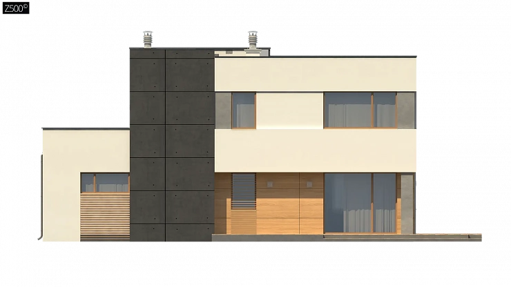 Двухэтажный дом в модернистском дизайне с гаражом и террасой на верхнем этаже.