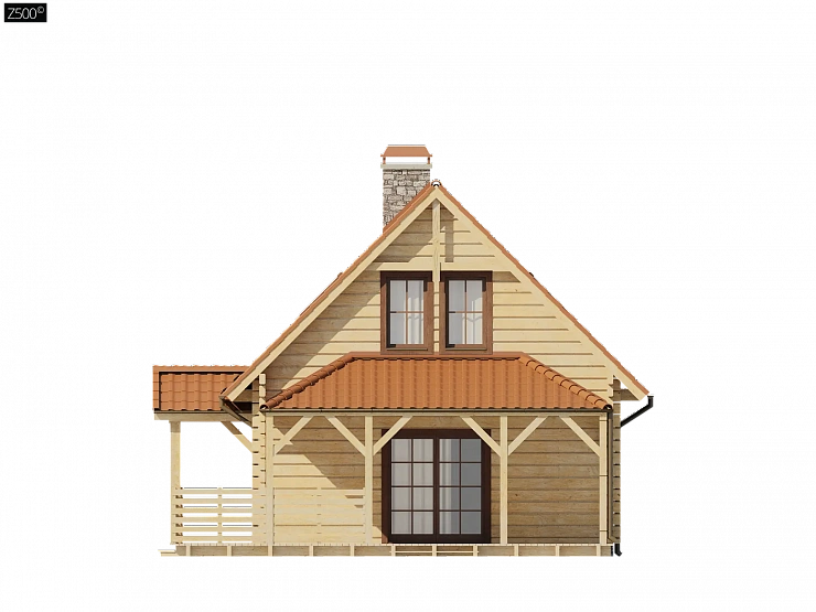 Проект небольшого дома с мансардой, с крытой боковой террасой.