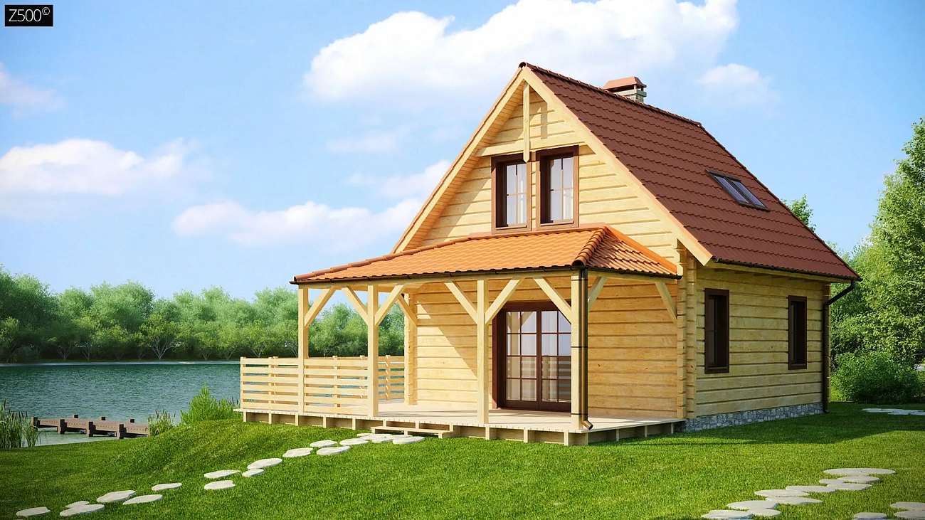 Проект небольшого дома с мансардой, с крытой боковой террасой.