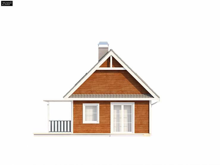 Маленький, уютный дом с мансардой, двускатной крышей и c фронтальной террасой.