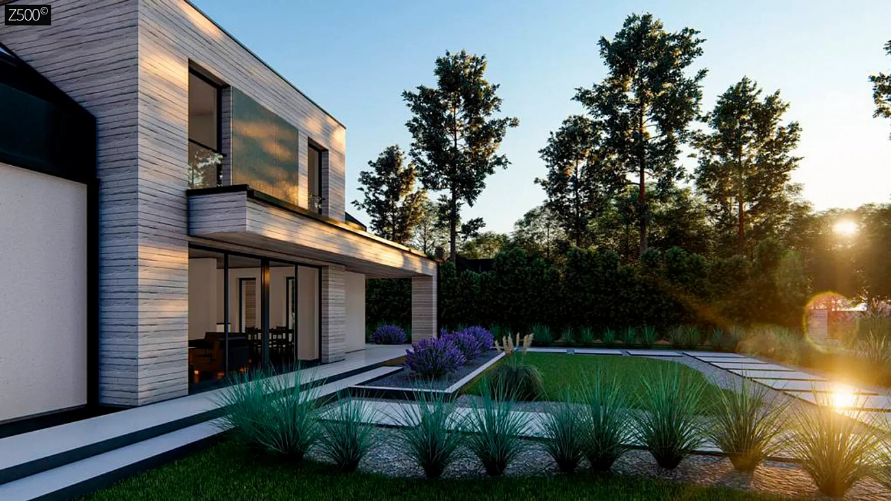 Современный дом с двускатной крышей, мансардными окнами и навесом для гаража