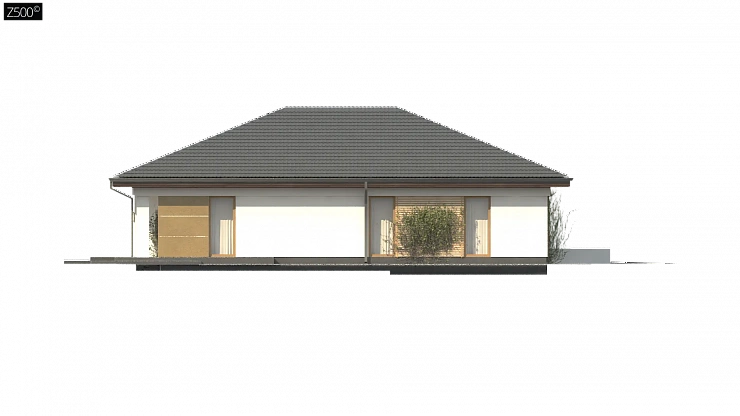 Проект одноэтажного дома с многоскатной крышей и гаражом на одну машину.