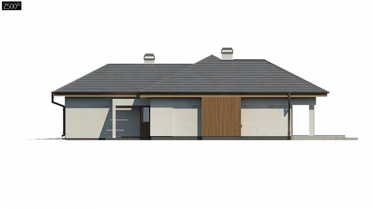 Одноэтажный дом с многоскатной крышей, с удобным функциональным интерьером.