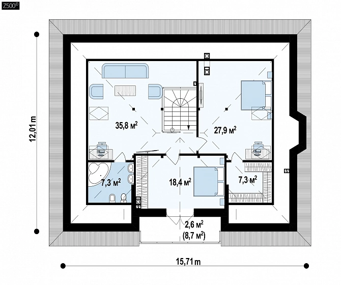 Проект комфортного дома с открытой мансардой (вариант проекта Z10) c измененной планировкой