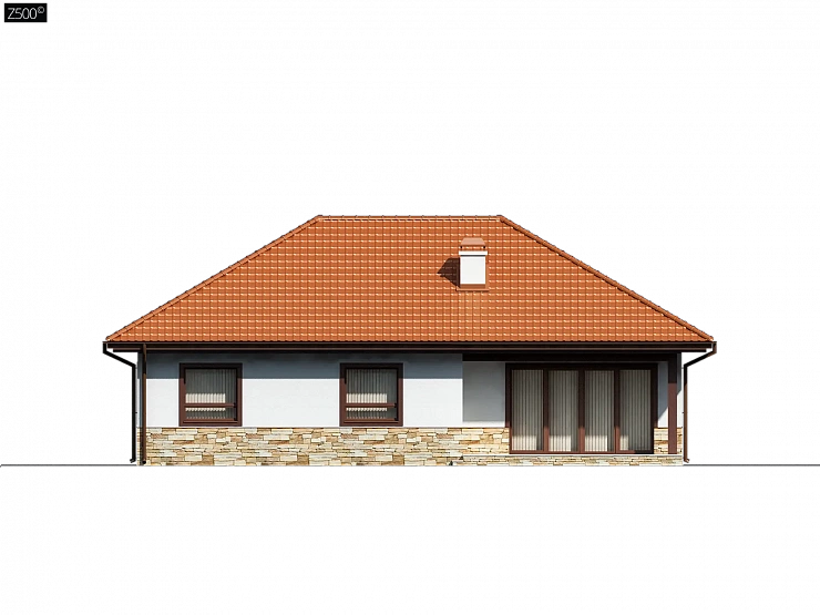 Компактный и удобный одноэтажный дом с многоскатной крышей.