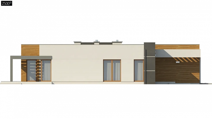 Одноэтажный дом модернистского характера с гаражом для двух автомобилей.